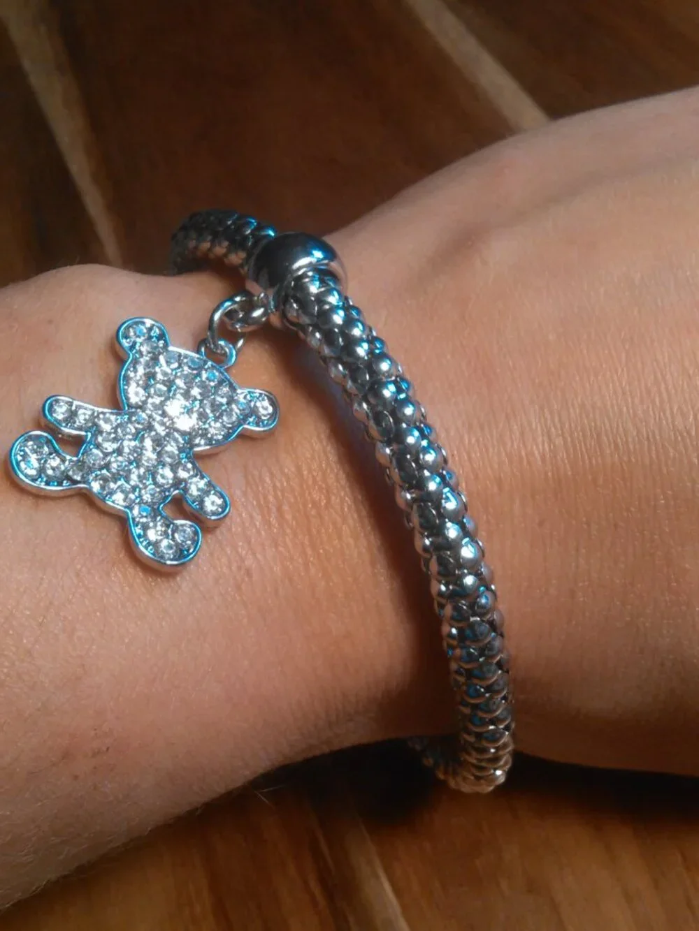 White Austrian Crystal Teddy Bear Silvertone Stretch Bracelet